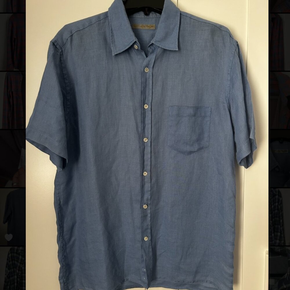 Blue linen button-up shirt | Martin Gordon | Men's L | short sleeve